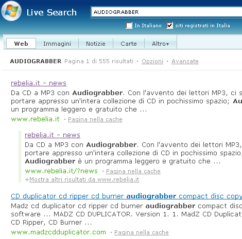 MSN - Audiograbber, siti registrati in Italia