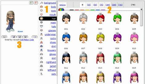Avatar in stile bambolina/cartone animato giapponese; si possono salvare in diverso formato (icona con il floppy) e le voci possono essere raggruppate per categoria