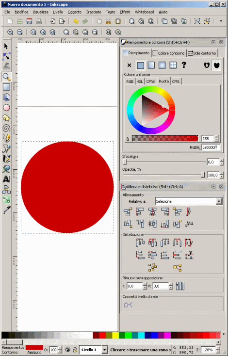 Inkscape ha finalmente integrato i pannelli degli strumenti alla finestra di lavoro: nell'immagine i pannelli del riempimento e dell'allineamento.