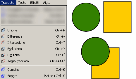 Strumenti disponibili alla voce Tracciato ed elementi per mostrarli, un cerchio e un quadrato