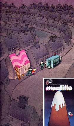 Una tavola del disegnatore argentino Mordillo - Uomo arrestato per aver dipinto vivacemente la sua abitazione in una strada di case grigie