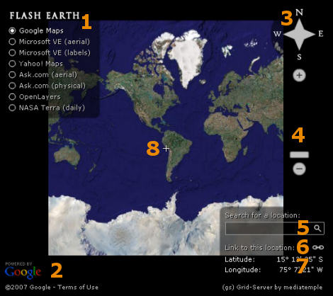 L'interfaccia di Flash Earth: in alto a sinistra il tipo di servizio, in alto a destra zoom e orientamento, in basso a destra il campo per la ricerca