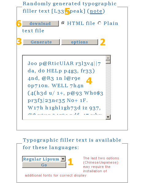 Generatore Lorem Ipsum: in basso il menu a tendina per scegliere la lingua desiderata. Il file va scaricato in html o formato testo, ma nel secondo caso potrebbero esserci dei problemi