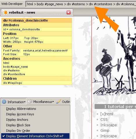 Per conoscere il percorso completo degli elementi: Information - Display element information