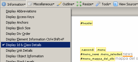 Conoscere ID e classi degli elementi: Information - Display ID & class details