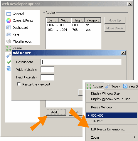 Ridimensionamento finestra: Resize; con Edit resize dimension è possibile preimpostare le dimensioni maggiormente verificate