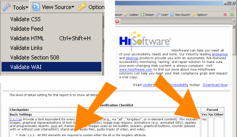 Verifica accessibilità: Tools - Validate WAI; nella colonna di sinistra l'elemento valutato e le regole a cui attenersi e nella colonna di destra il risultato