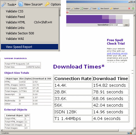 Verifica velocità di scaricamento di una pagina: Tools - View speed report