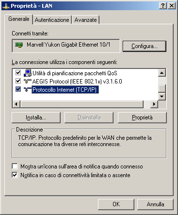 Il pannello delle proprietà della connessione si raggiunge cliccando col tasto destro sulla connessione stessa; nella sezione generale, cercare la voce TCP/IP