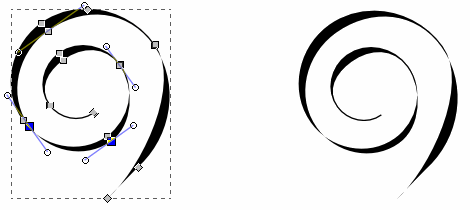 Distanzio i nodi e modifico dove necessario la curvatura con le maniglie fino a ottenere una spirale di diverso spessore