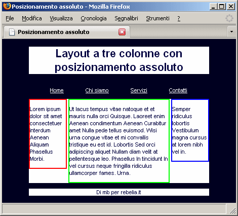 Layout a tre colonne in xhtml e css con posizionamento assoluto dei div - visualizzazione corretta