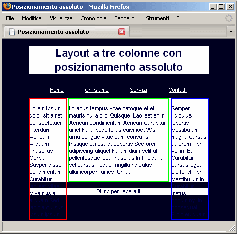 Layout a tre colonne in xhtml e css con posizionamento assoluto dei div - colonne laterali troppo lunghe