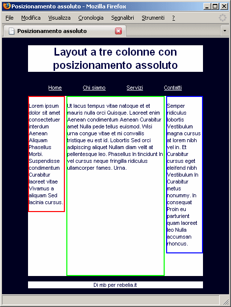 Layout a tre colonne in xhtml e css con posizionamento assoluto dei div - aggiunta di padding alla colonna centrale per allungarla artificialmente