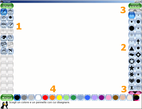 Tux Paint - Area di lavoro: a sinistra gli strumenti, a destra le opzioni, in basso i colori