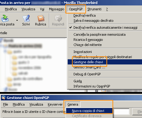 Come avviare la creazione di una nuova coppia di chiavi pubblica e privata: OpenPGP - Gestione chiavi - Genera - Nuova coppia di chiavi