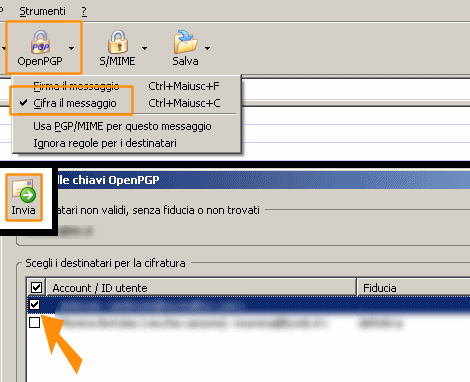 Spedizione di un messaggio criptato: OpenGPG - Cripta messaggio - Invia - Scelta della chiave di cifratura
