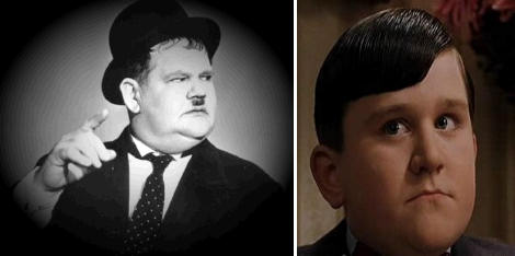 Le due foto utilizzate nel tutorial: a sinistra Oliver Hardy, l'indimenticabile Ollio e a destra Dudley Dursley, il cugino di Harry Potter