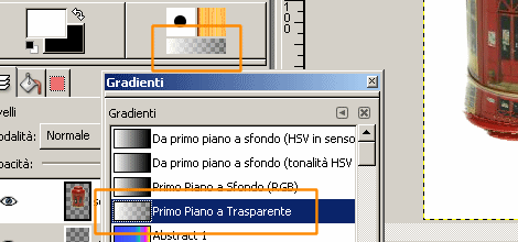 Cliccando sul pannello delle sfumature, accedo alla finestra di scelta e seleziono Da primo piano a trasparente