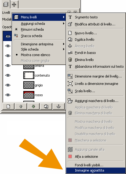 Fusione livelli: menu livelli - immagine appiattita