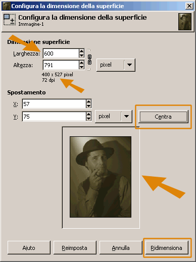 Ridimensiono il file a 600 e centro la foto rispetto alla nuova superficie