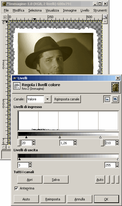 Regolo il livello di colore per ravvivare l'immagine: livelli di ingresso 20 - 1,26 e 210; livelli di uscita 3 e 255
