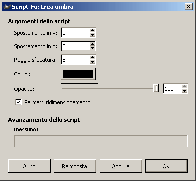 Aggiungo ombra con spostamento X e Y pari a 0, raggio di sfocatura pari a 5 e opacità a 100