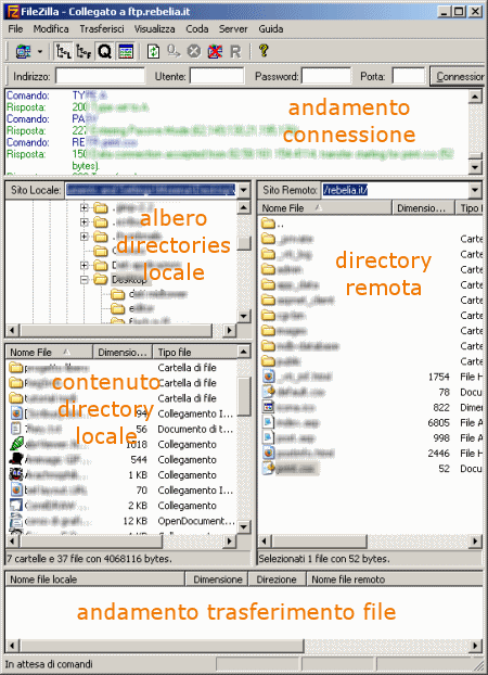 Schermata di Filezilla, applicativo open per il trasferimento dei files via FTP