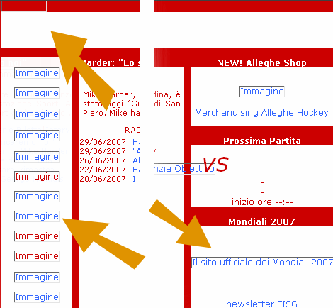 L'interfaccia del sito dell'Hockey Club Alleghe senza immagini: la navigazione diventa impossibile e tra tutti i link uno solo ha un alt di qualche utilità