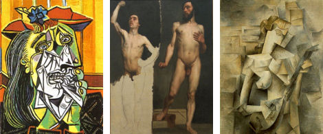 Tre quadri di Pablo Picasso; da sinistra: La Femme, Dos Hombres e Fanny Tellier
