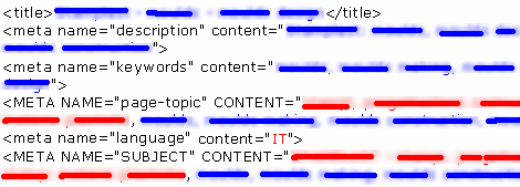 L'header di una pagina della sezione inglese: in nero il codice, in blu le parole in inglese e in rosso le parole in italiano.