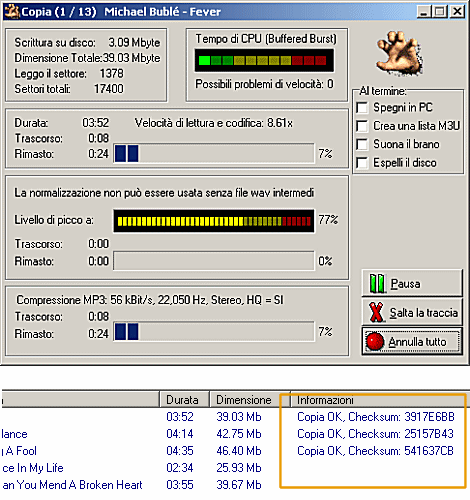 Il pannello di Audiograbber di avanzamento della conversione dei brani e sotto l'avanzamento