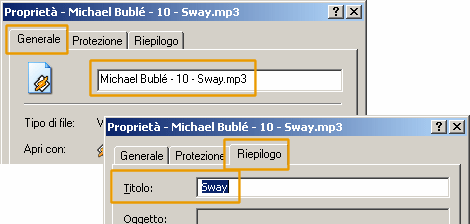Per rinominare manualmente i brani, tasto destro sul file - Proprietà e poi modificare sia il nome del file stesso che il titolo