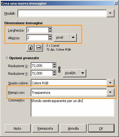 Creo un nuovo file di 2x2 pixel di lato con sfondo trasparente