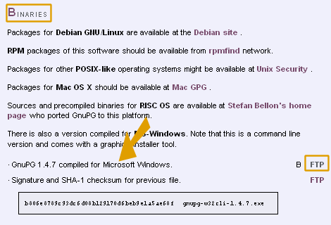 Per scaricare il programma, dal sito GnuPG.org scegliere Download - Binari - FTP