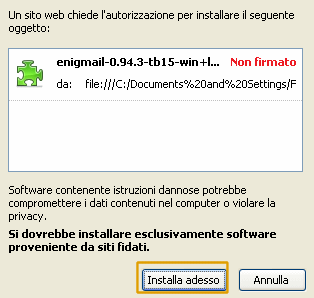 Certificato estensione: premere Installa adesso