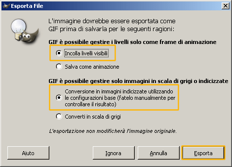 Impostazioni per l'esportazione della gif