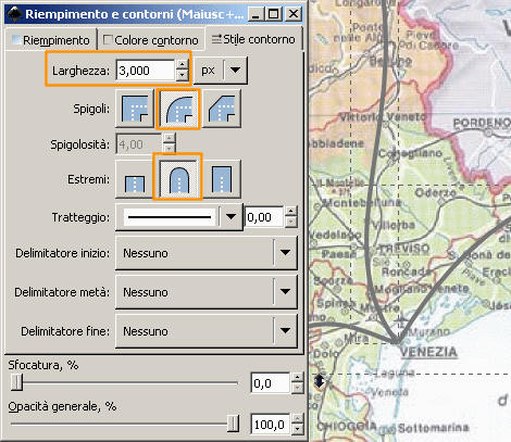Dopo averle evidenziate, modifico spessore e colore delle strade dal pannello Oggetto -> Riempimento e contorni
