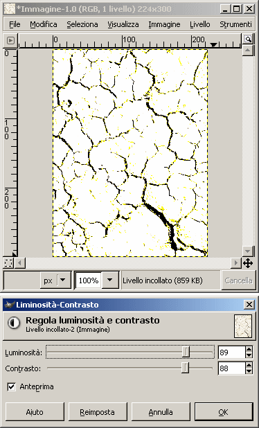 Aumento luminosità e contrasto in modo da dar rilievo alle crepe